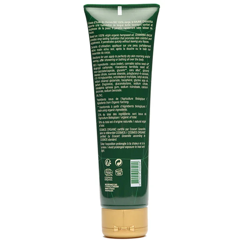 Tube vert de baume corps Chanvria, ingrédients naturels, cosmétique Alazina, dos du produit
