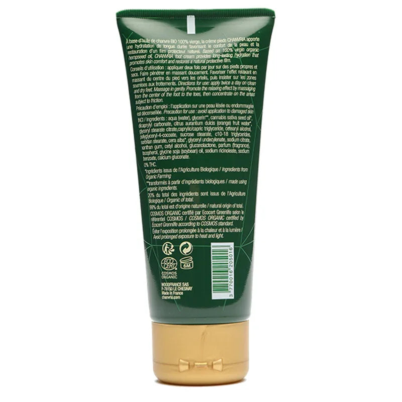 Tube vert de crème pieds Chanvria avec liste d’ingrédients naturels, cosmétique Alazina.