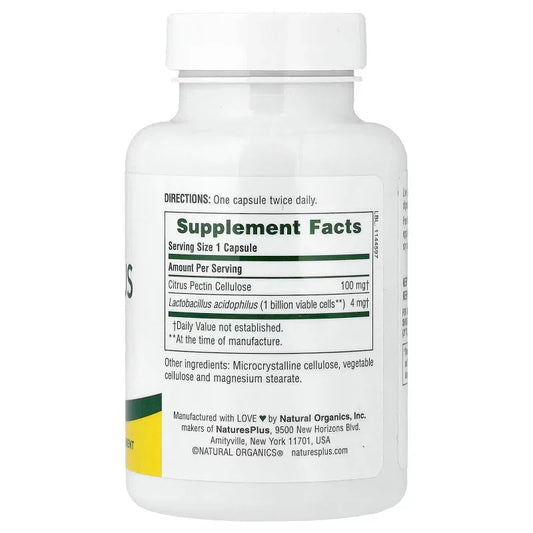 Flacon de complément alimentaire Nature's Plus Acidophilus, informations nutritionnelles visibles.