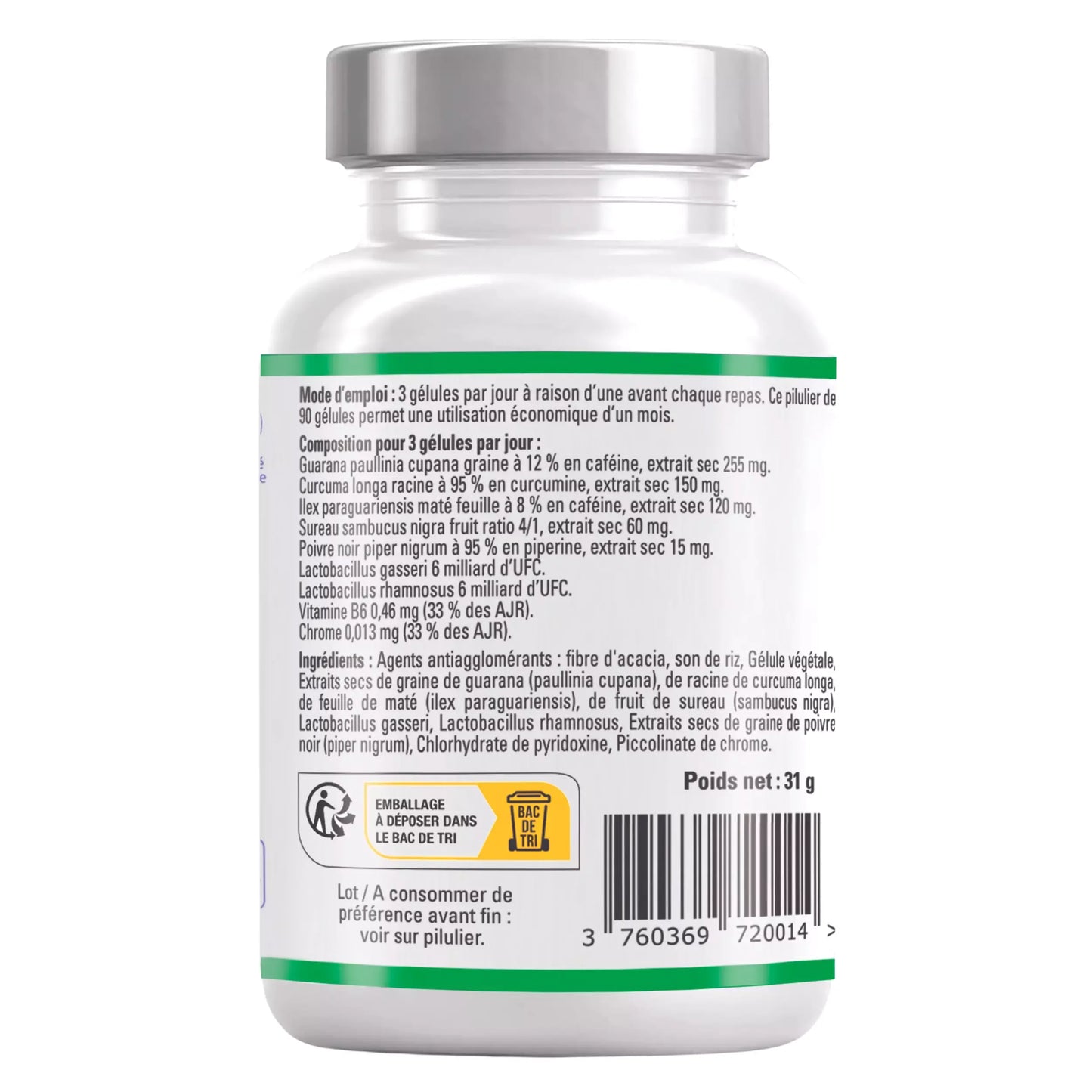 Flacon de compléments alimentaires minceur Alazina, ingrédients naturels visibles sur l'étiquette