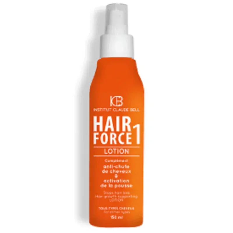 Flacon orange de lotion anti-chute Hair Force 1 Institut Claude Bell, soin capillaire Alazina