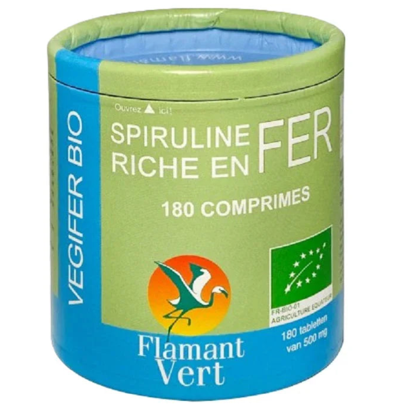 Boîte de spiruline bio riche en fer Flamant Vert, 180 comprimés, complément alimentaire naturel