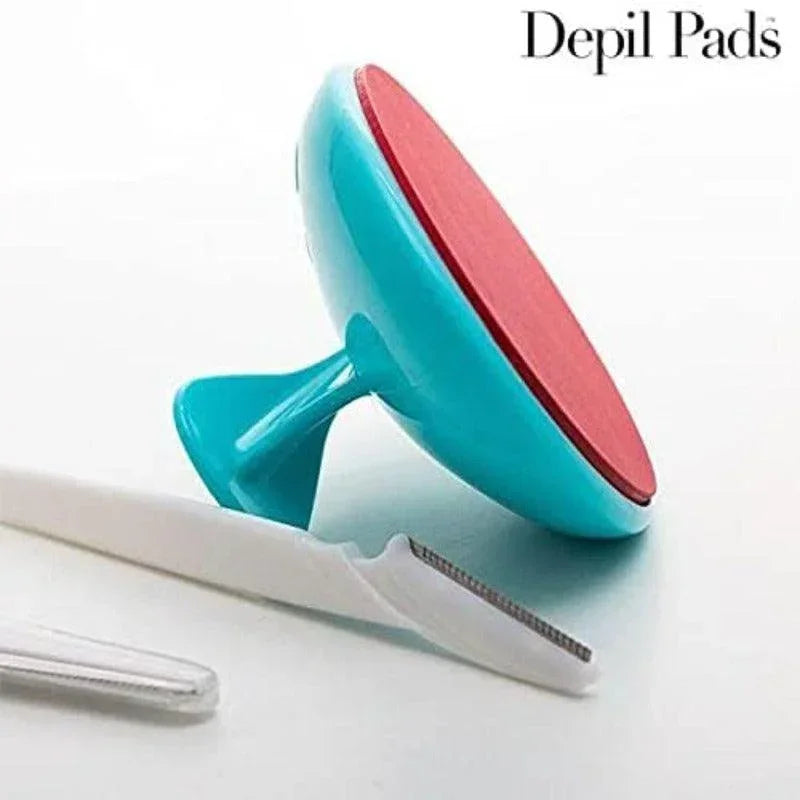 Coussin exfoliant Depil Pads turquoise et rose avec rasoir cosmétique, soin beauté Alazina.