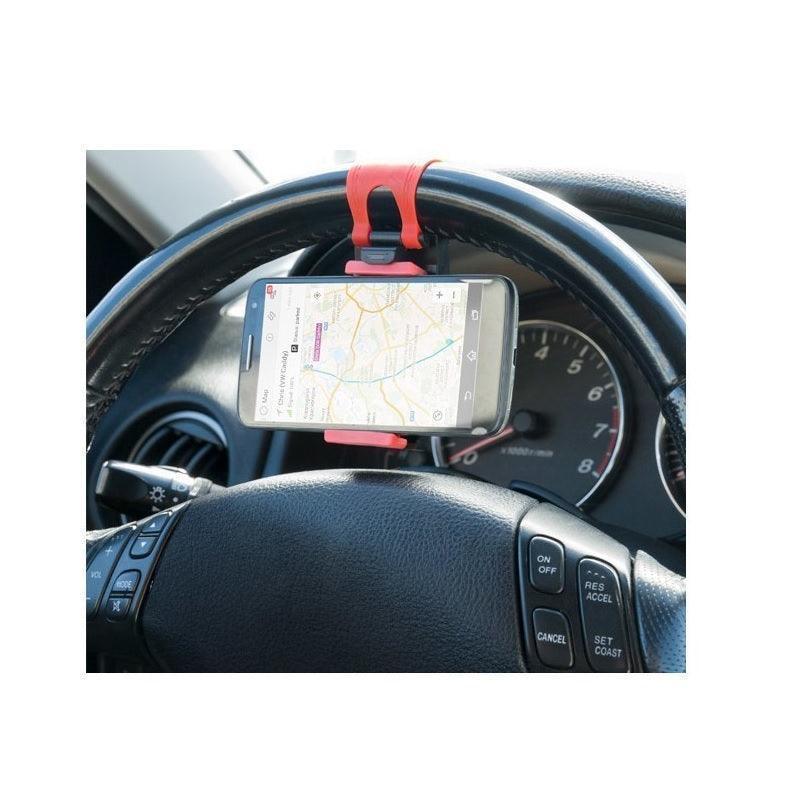 Support de volant rouge pour téléphone portable fixé sur volant de voiture, navigation GPS.