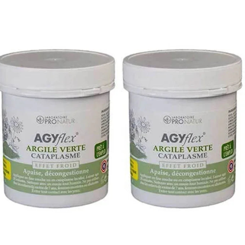 Deux pots Agyflex cataplasme d’argile verte, soin naturel en vente chez Alazina.