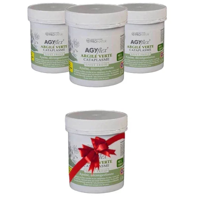 Pots de cataplasme Argile Verte AGYflex Pronatur Alazina, un pot avec nœud cadeau rouge
