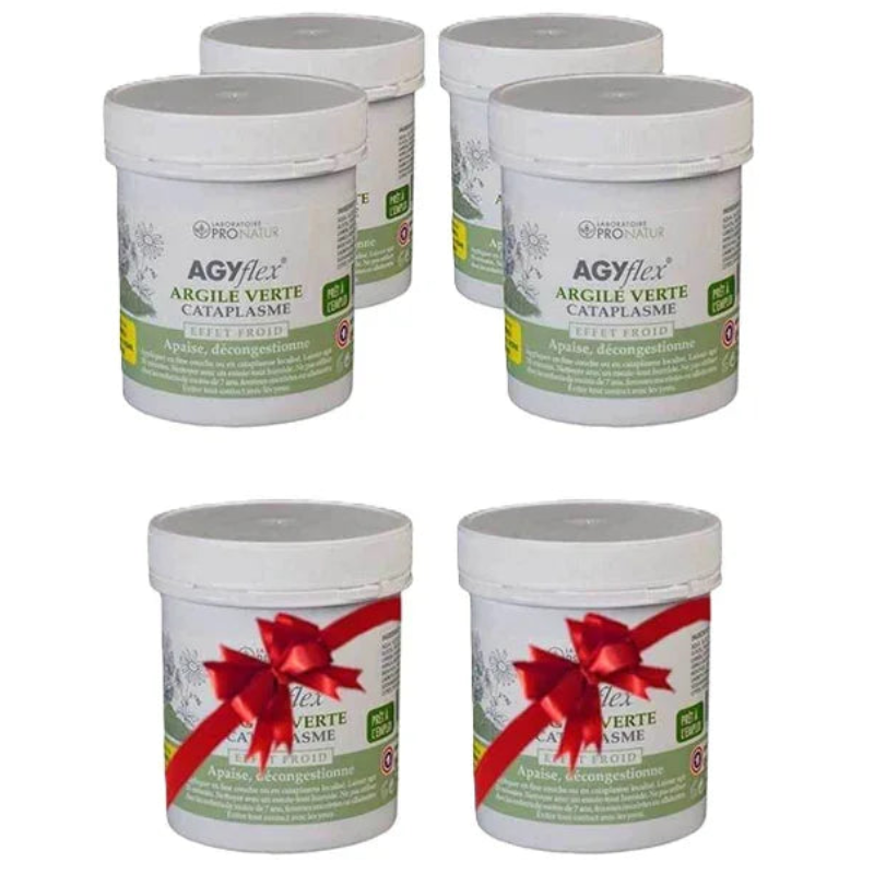 Lot de six pots de cataplasme d’argile verte Agyflex Pronatur, soins naturels Alazina, deux ornés d’un nœud rouge.