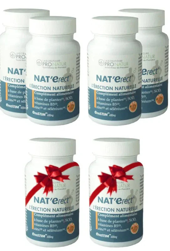Six flacons de compléments alimentaires NAT'erect du Laboratoire Pronatur sur fond blanc