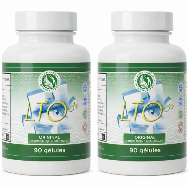 Deux flacons LTO3 complément alimentaire, 90 gélules, vente Alazina, étiquette verte style naturel