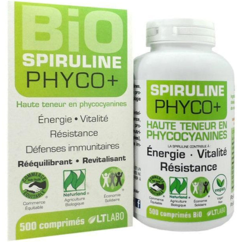 Boîte et flacon de comprimés Bio Spiruline Phyco+ LT Labo, complément alimentaire naturel.