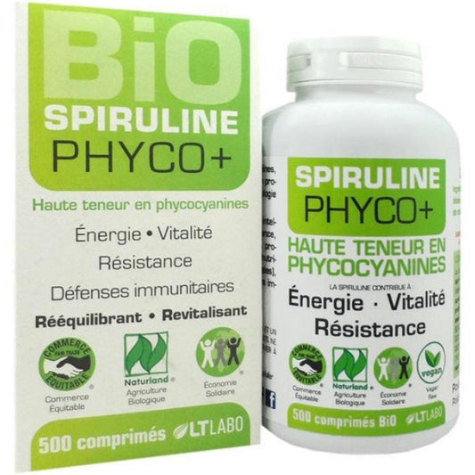Boîte et flacon de comprimés Bio Spiruline Phyco+ LT Labo, complément alimentaire naturel.
