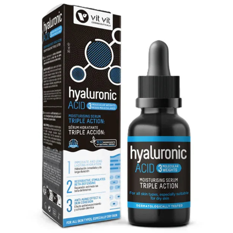 Sérum acide hyaluronique Vit Vit Cosmetics triple action, flacon et boîte sur fond blanc, Alazina