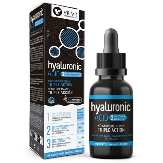 Sérum acide hyaluronique Vit Vit Cosmetics triple action, flacon et boîte sur fond blanc, Alazina