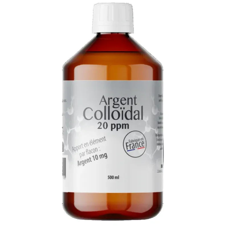 Bouteille de 500ml d'argent colloïdal 20 ppm Dr Theiss, complément naturel Alazina