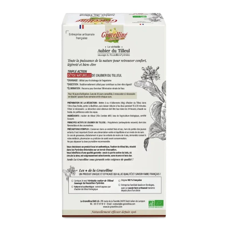 Boîte d’Aubier du Tilleul La Gravelline, complément naturel drainage bio, visible textes explicatifs et illustrations végétales, boutique Alazina.