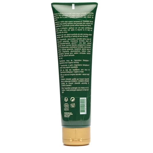 Tube vert de baume corps Chanvria, ingrédients naturels, cosmétique Alazina, dos du produit