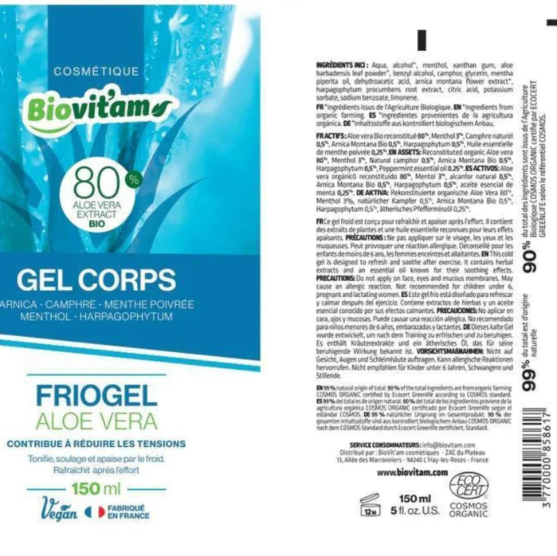 Gel corps Biovitam Friogel Aloe Vera 80% bio, 150 ml, cosmétique naturel Alazina
