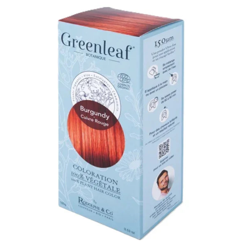 Coloration végétale Burgundy Cuivre Rouge Greenleaf pour cheveux, cosmétique naturel Alazina