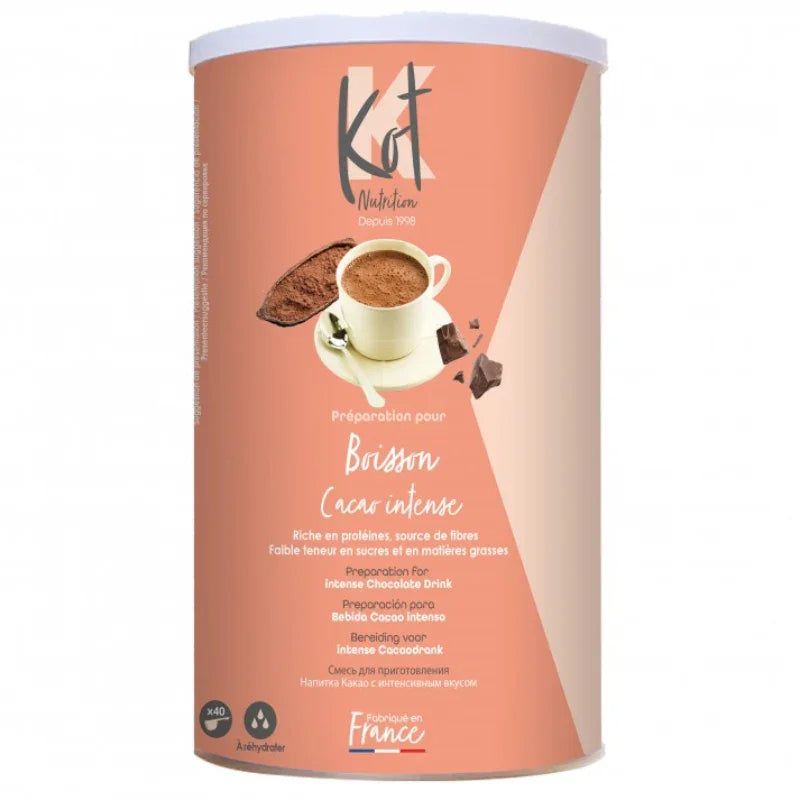 Boîte Kot Nutrition cacao intense, boisson chocolatée riche en protéines, produit Alazina.