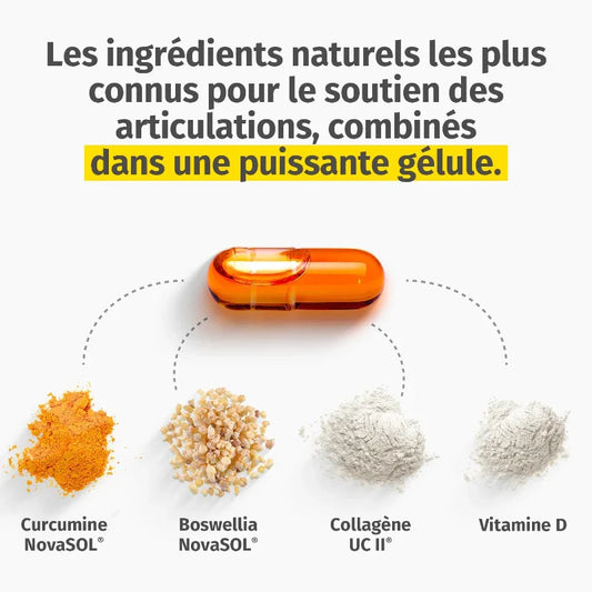 Gélule orange avec curcumine, boswellia, collagène et vitamine D, compléments naturels Alazina.