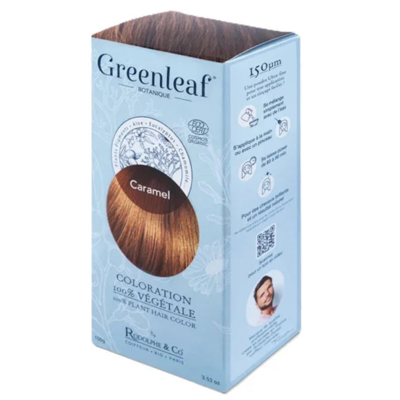 Coloration végétale caramel Greenleaf, boîte bleue, cosmétique naturel Alazina