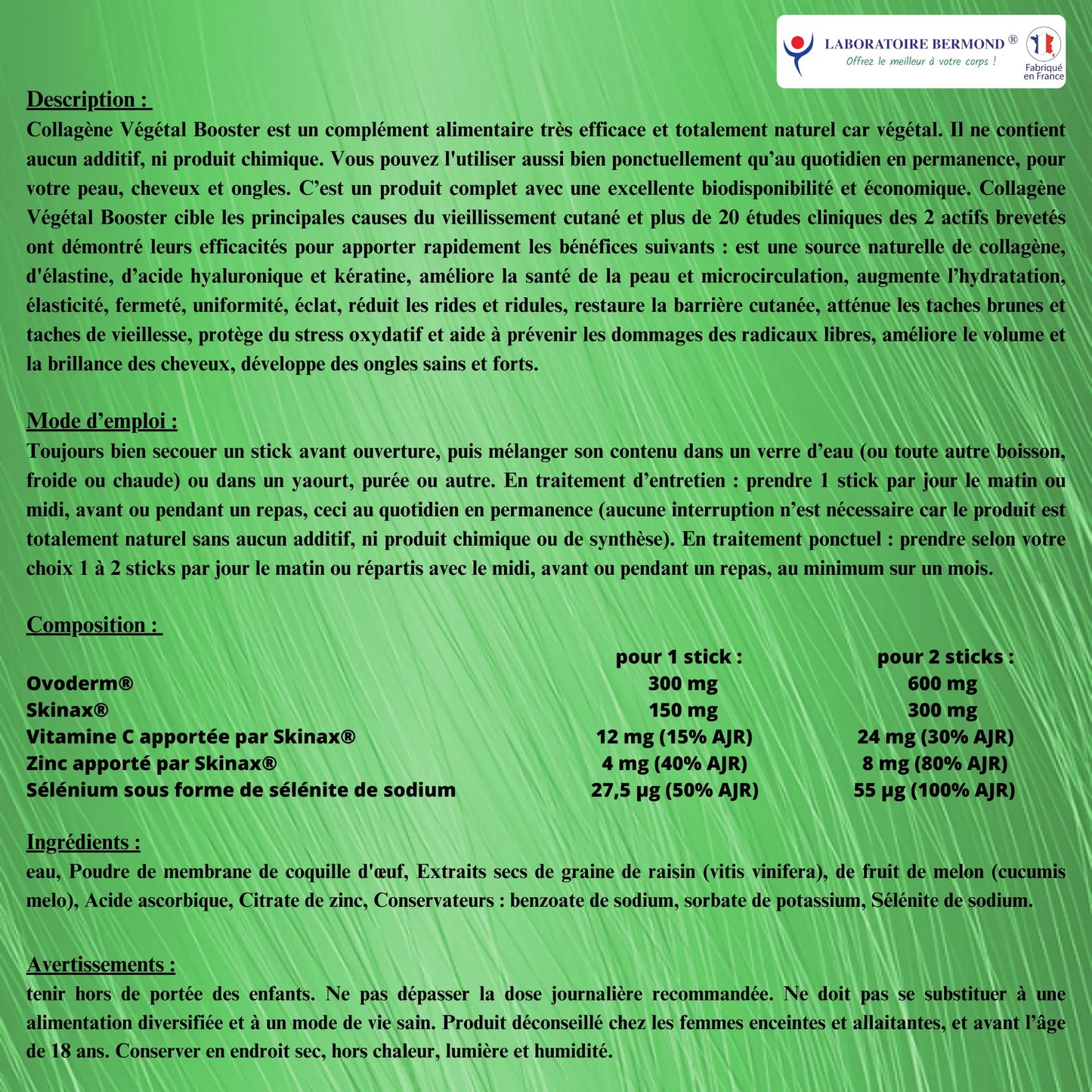 Tableau d'information du Collagène Végétal Booster Laboratoire Bermond, complément alimentaire naturel, ingrédients, mode d'emploi et composition sur fond vert, ALAZINA cosmétiques et compléments.