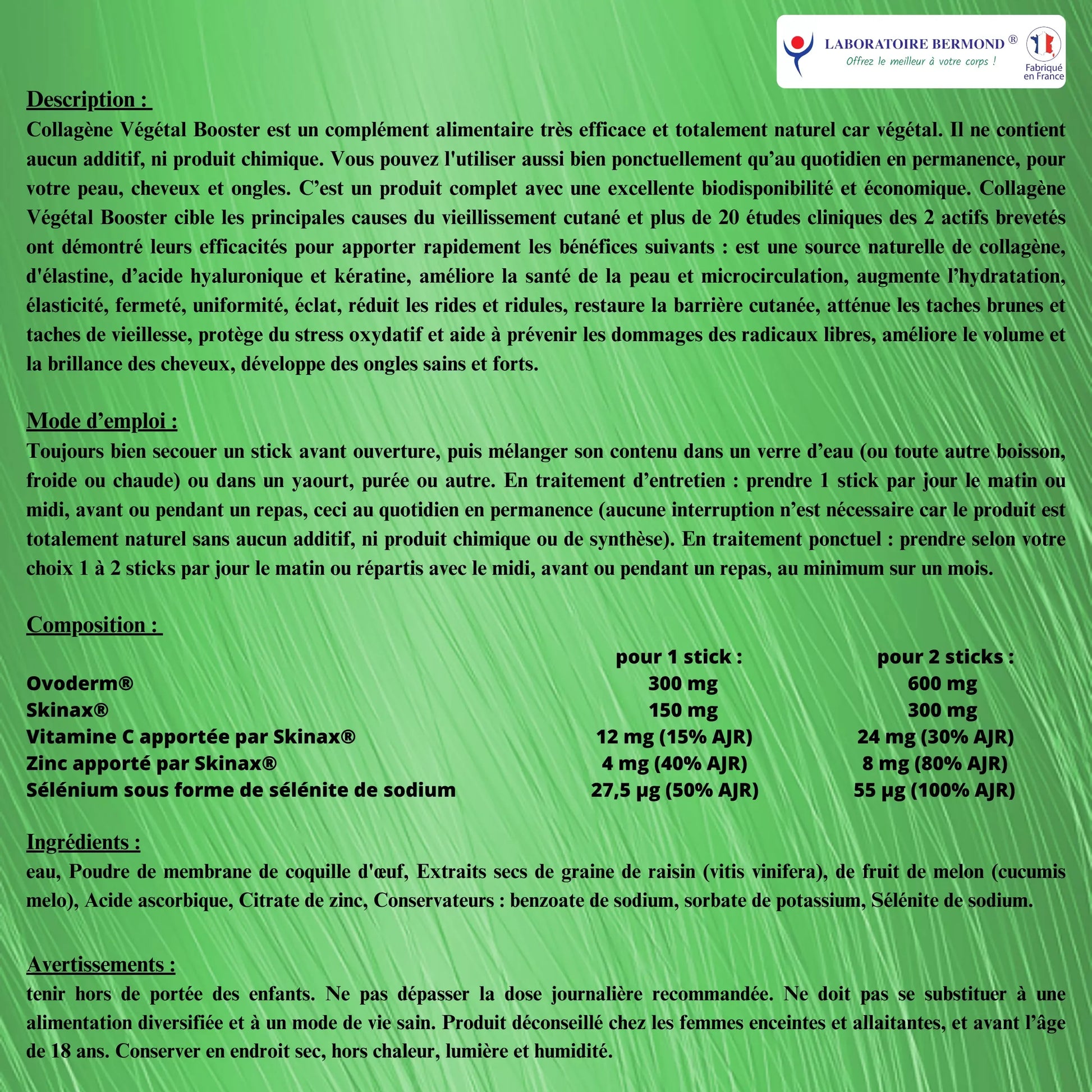 Tableau d'information du Collagène Végétal Booster Laboratoire Bermond, complément alimentaire naturel, ingrédients, mode d'emploi et composition sur fond vert, ALAZINA cosmétiques et compléments.