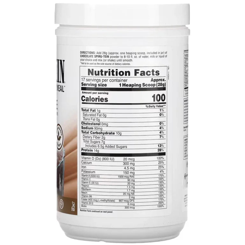 Pot Spiru-Tein chocolat Natures Plus, valeur nutritionnelle visible, complément alimentaire Alazina