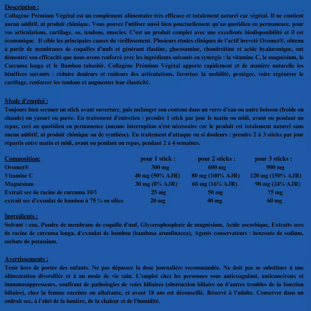Tableau composition collagène premium végétal, ingrédients naturels, Alazina, complément alimentaire