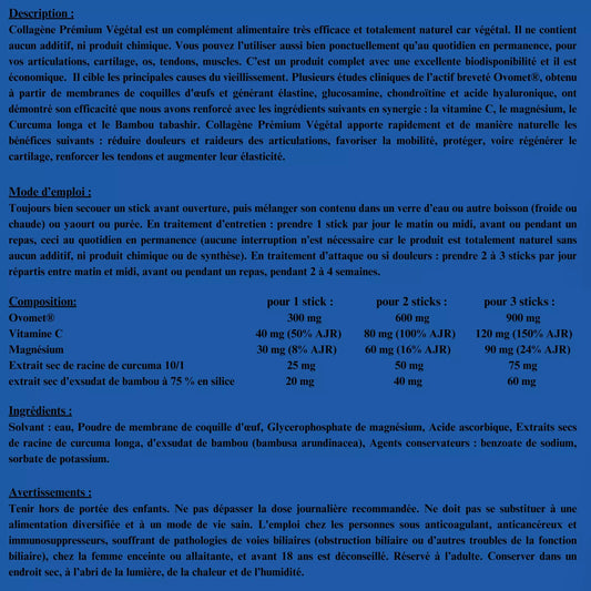 Tableau composition collagène premium végétal, ingrédients naturels, Alazina, complément alimentaire