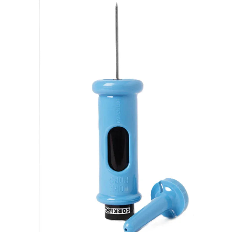 Tire-bouchon Cork Pops bleu, accessoire de cuisine en plastique, sur fond blanc chez Alazina