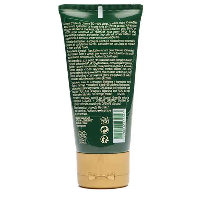 Crème mains Chanvria, ingrédients visibles, cosmétique naturel à l’huile de chanvre bio, Alazina