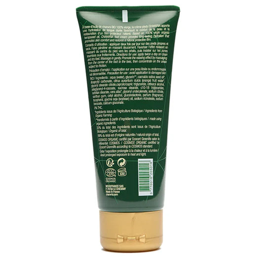 Tube vert de crème pieds Chanvria avec liste d’ingrédients naturels, cosmétique Alazina.