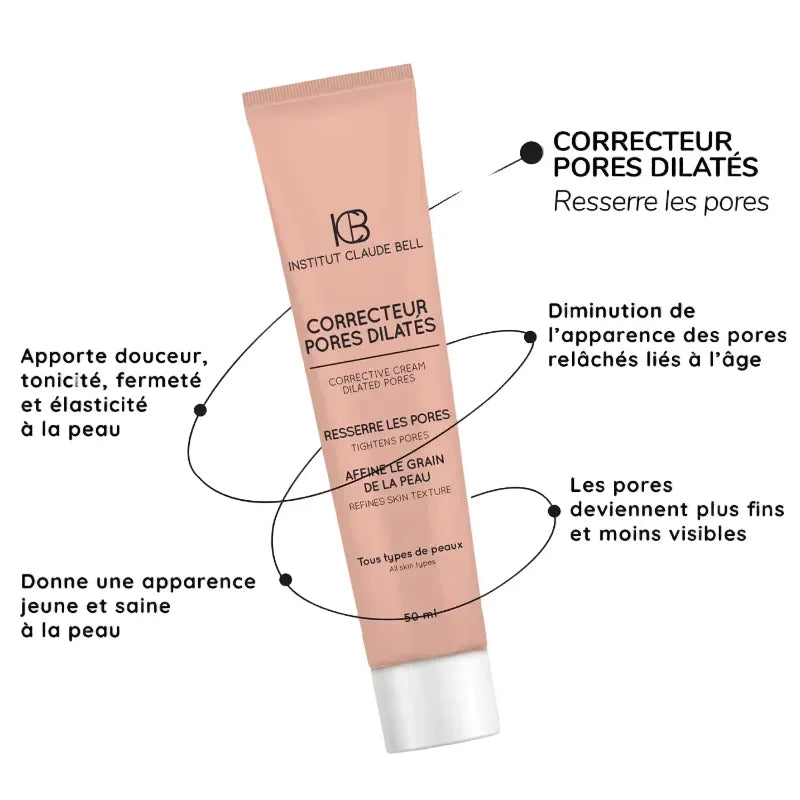 Crème correctrice pores dilatés Institut Claude Bell, soin visage Alazina, tube 50 ml.