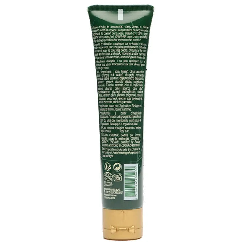 Tube vert de crème visage naturelle ALAZINA avec liste ingrédients et label bio visible.
