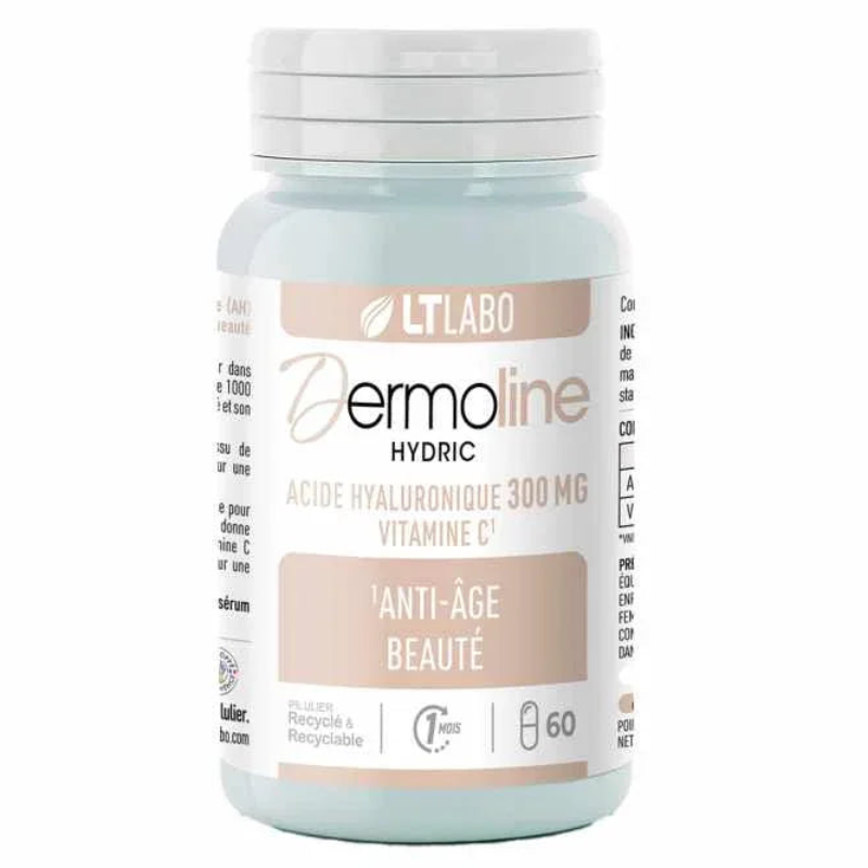 Flacon Dermoline Hydric LT Labo, anti-âge beauté, acide hyaluronique, 60 gélules.