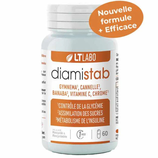 Flacon de compléments alimentaires LT Labo Diamistab, contrôle de la glycémie, Alazina