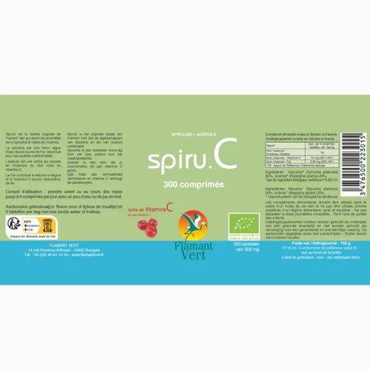 Étiquette Spiru.C Flamant Vert 300 comprimés, spiruline, acérola, complément alimentaire naturel
