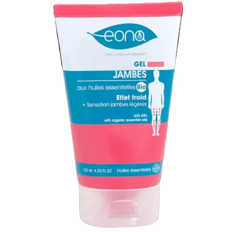 Gel jambes Eona 125 ml, effet froid, aux huiles essentielles bio, sur fond noir, Alazina cosmétique