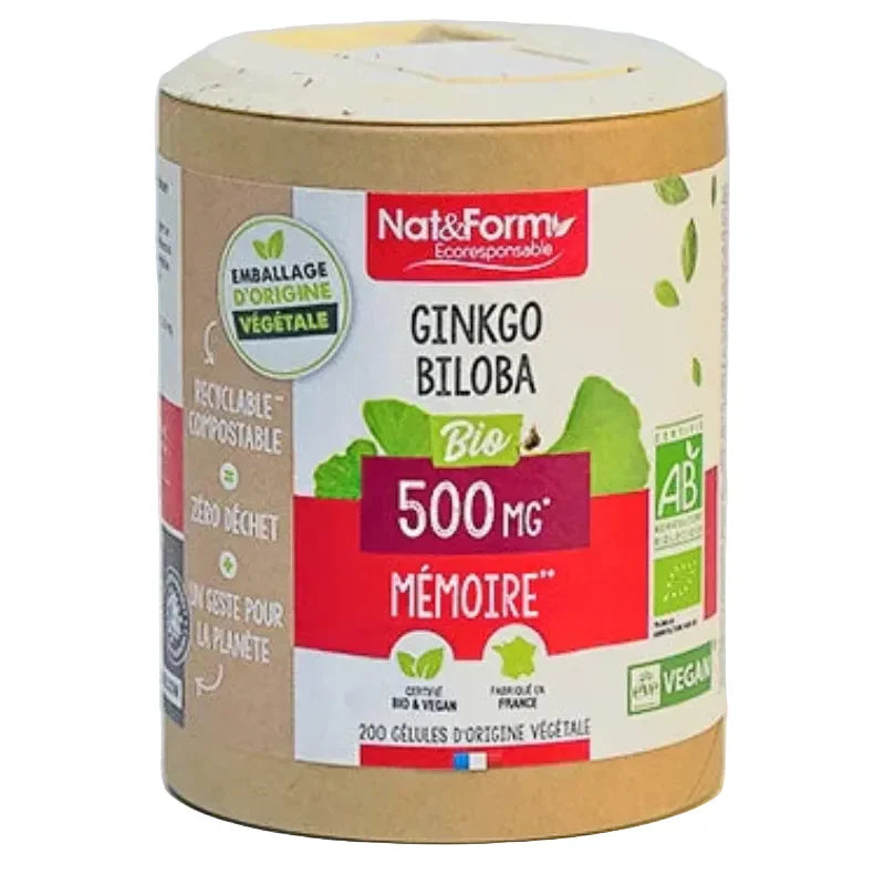 Complément alimentaire Ginkgo Biloba 500mg Nat&Form éco-responsable, bio, vegan, Alazina.