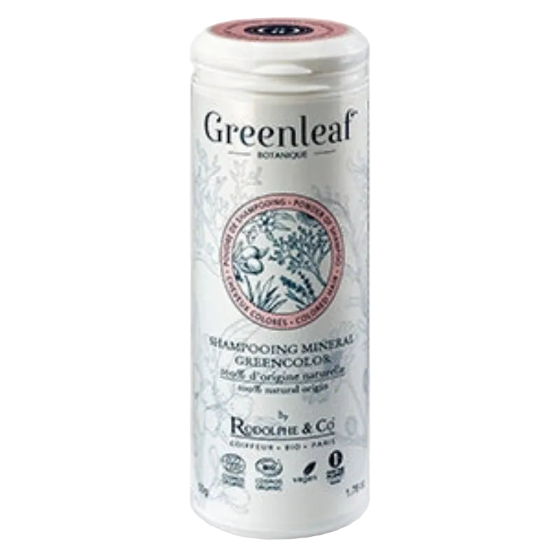 Shampoing minéral Greenleaf naturel, flacon blanc décoré, cosmétique Alazina.