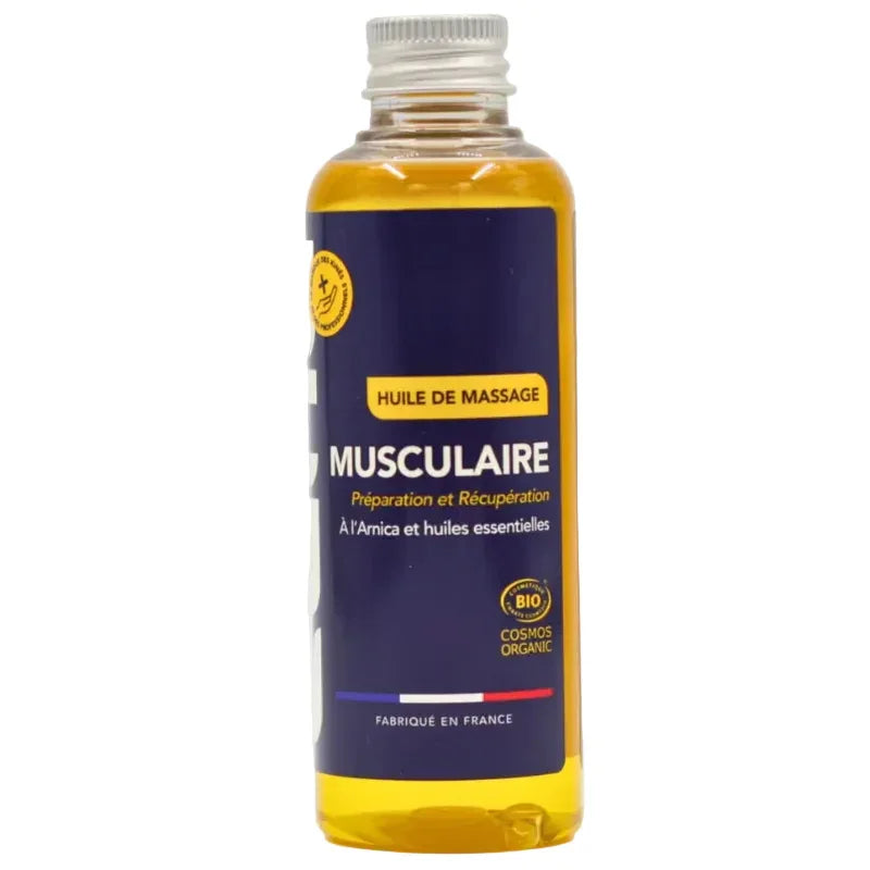Huile de massage musculaire 100ml bio à l'arnica, ALAZINA, fabriquée en France, boutique bien-être.