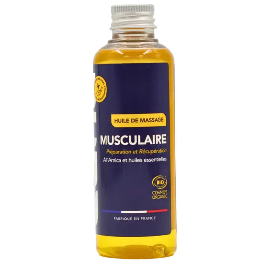 Huile de massage musculaire 100ml bio à l'arnica, ALAZINA, fabriquée en France, boutique bien-être.