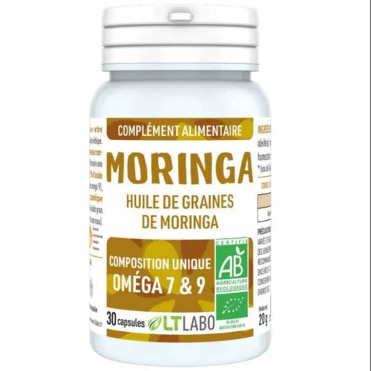 Complément alimentaire Moringa LT Labo, huile de graines, 30 capsules, oméga 7 et 9, bio.