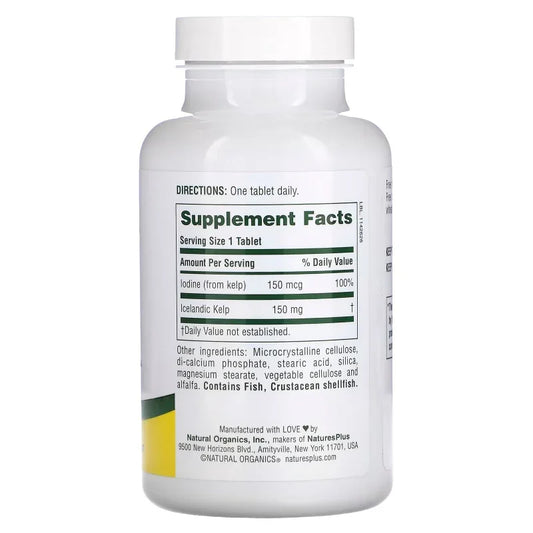 Flacon de compléments alimentaires Natures Plus kelp, infos nutritionnelles visibles, Alazina