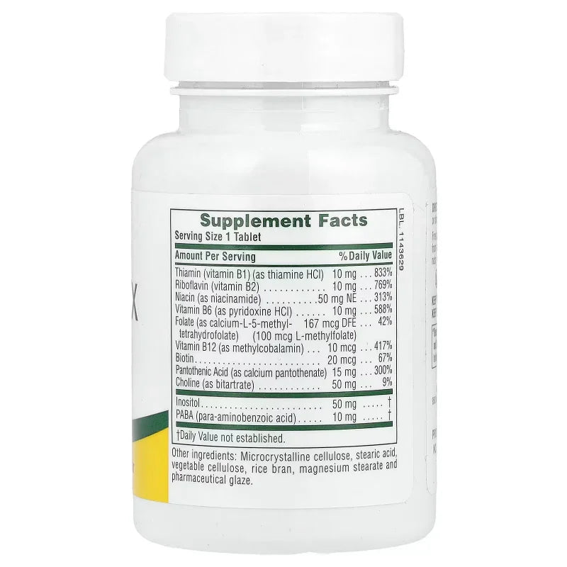 Flacon de complément alimentaire B-Complex Natures Plus, ingrédients et valeurs nutritionnelles visibles, boutique Alazina.