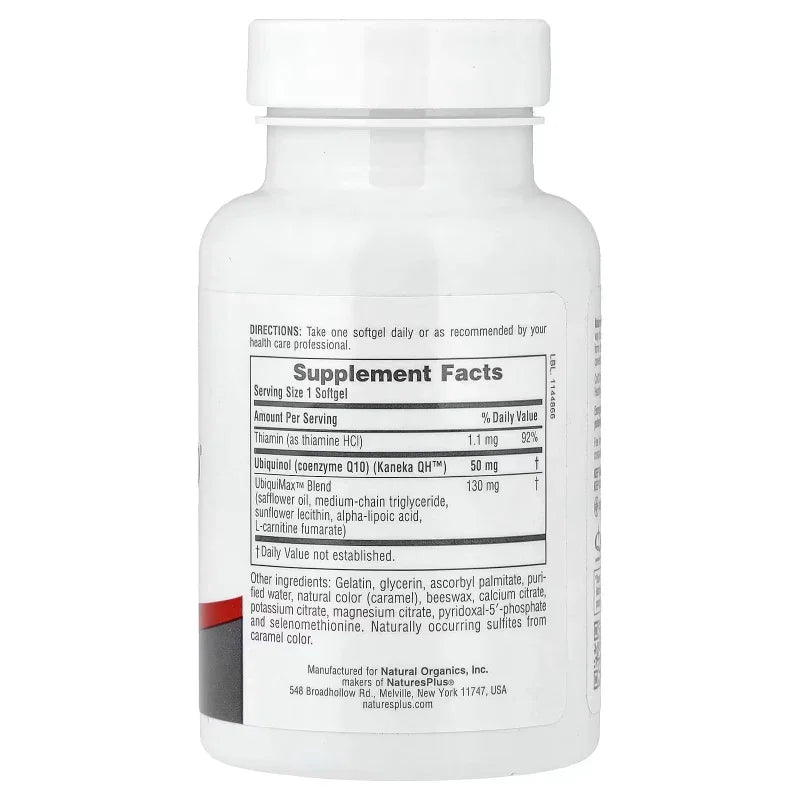 Flacon de complément alimentaire CoQ10 Ubiquinol, ingrédients visibles, Alazina boutique.