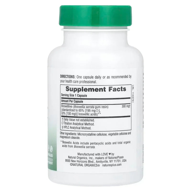 Flacon de complément alimentaire Boswellia Natures Plus, étiquette ingrédients visible, Alazina