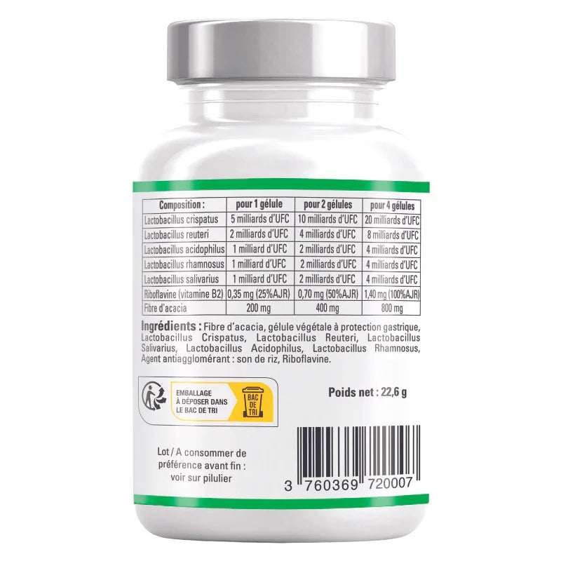 Étiquette de complément alimentaire Alazina, liste ingrédients probiotiques pour flore vaginale optimisée.