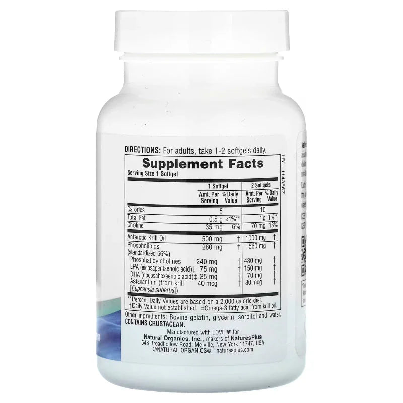 Flacon d'huile de krill Natures Plus, ingrédients et valeurs nutritionnelles visibles, Alazina